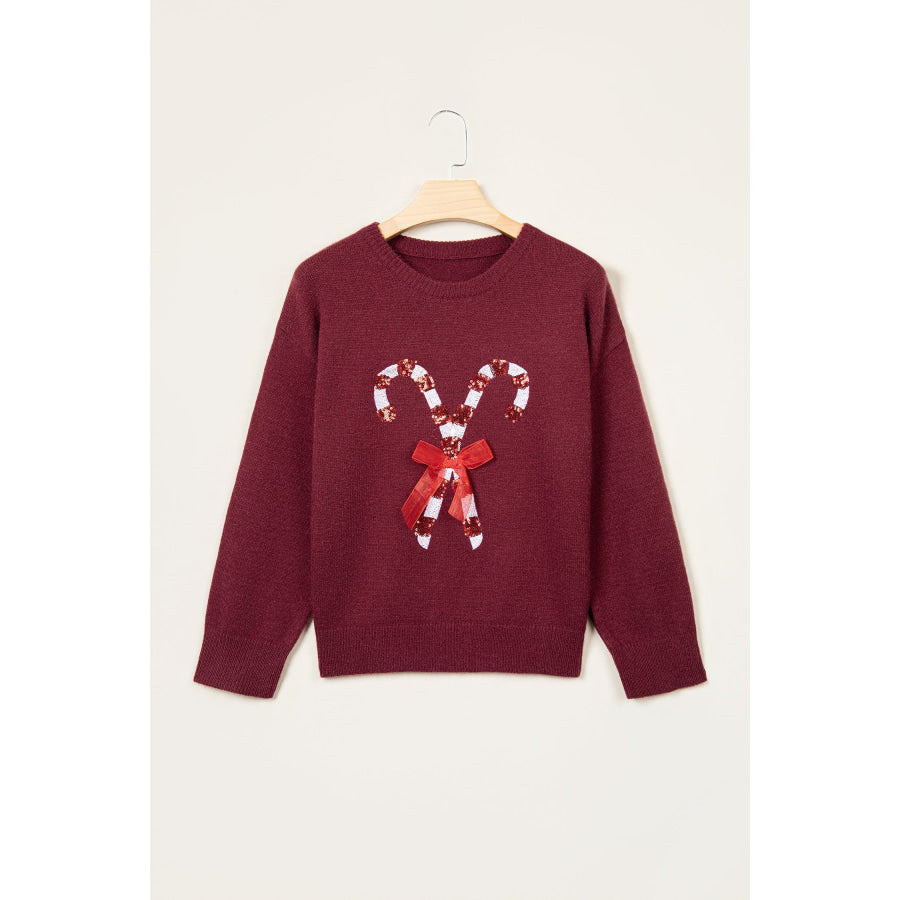 Red Dahlia Sequined Candy Cane Festive Casual Christmas Sweater Sweaters & Cardigans/Sweaters