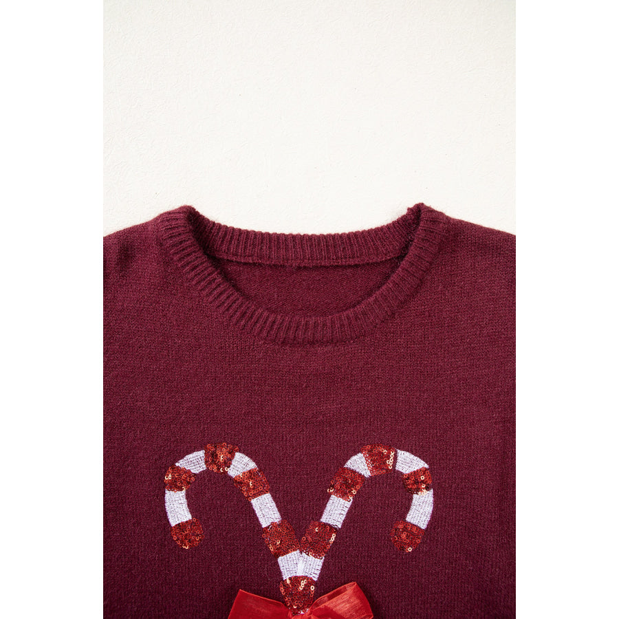 Red Dahlia Sequined Candy Cane Festive Casual Christmas Sweater Sweaters & Cardigans/Sweaters