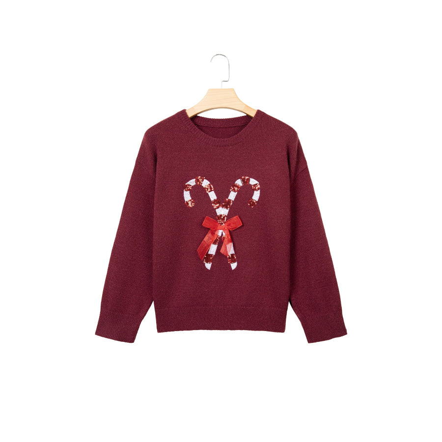 Red Dahlia Sequined Candy Cane Festive Casual Christmas Sweater Sweaters & Cardigans/Sweaters
