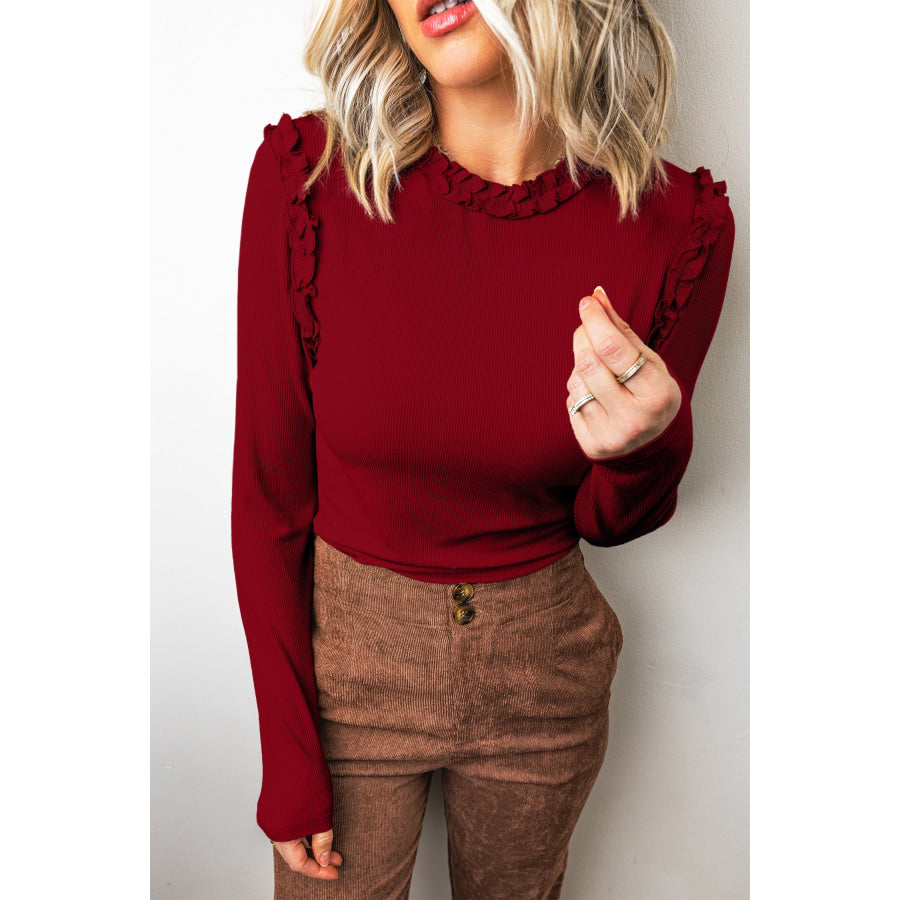 Red Dahlia Solid Color Round Neck Frill Detail Long Sleeve Top / S / 92% Viscose + 8% Elastane Tops/Long Tops