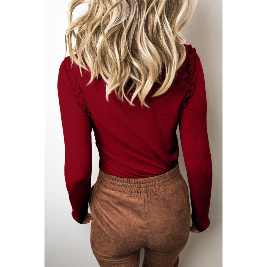 Red Dahlia Solid Color Round Neck Frill Detail Long Sleeve Top / S / 92% Viscose + 8% Elastane Tops/Long Tops