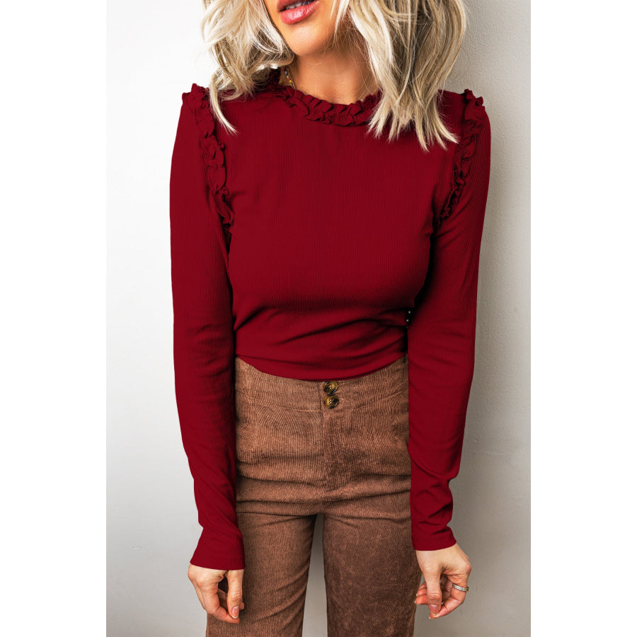 Red Dahlia Solid Color Round Neck Frill Detail Long Sleeve Top Tops/Long Tops