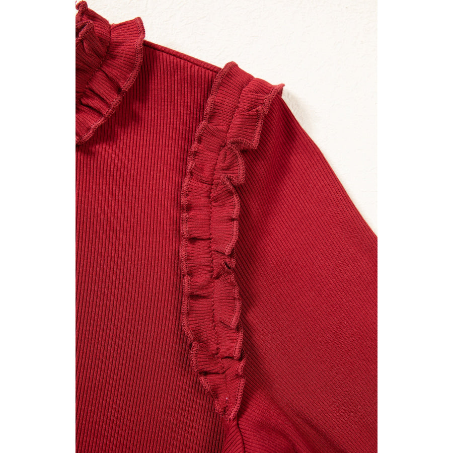 Red Dahlia Solid Color Round Neck Frill Detail Long Sleeve Top Tops/Long Tops
