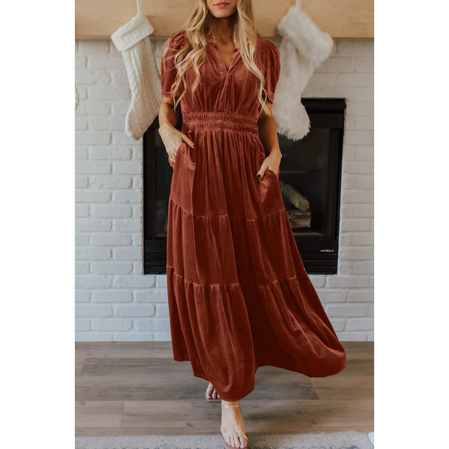 Red Dahlia Velvet Short Sleeve Shirred Waist Tiered Maxi Dress Chestnut / S / 95% Polyester + 5% Elastane Dresses/Maxi Dresses