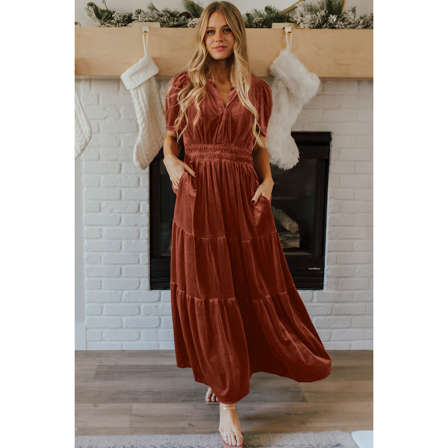 Red Dahlia Velvet Short Sleeve Shirred Waist Tiered Maxi Dress Dresses/Maxi Dresses