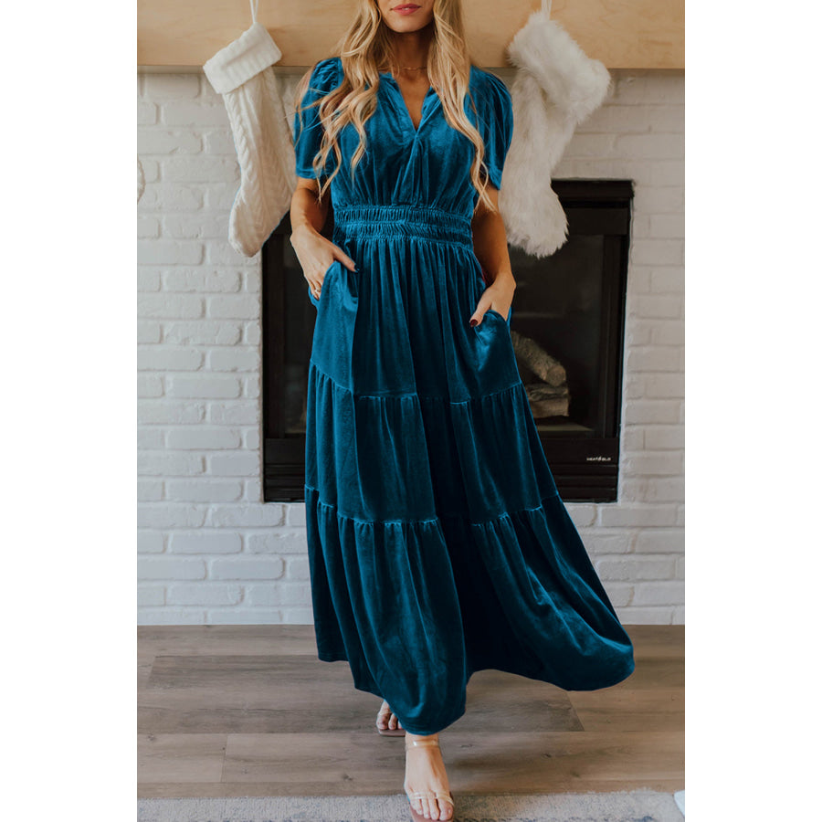 Red Dahlia Velvet Short Sleeve Shirred Waist Tiered Maxi Dress Prussian Blue / S / 95% Polyester + 5% Elastane Dresses/Maxi Dresses