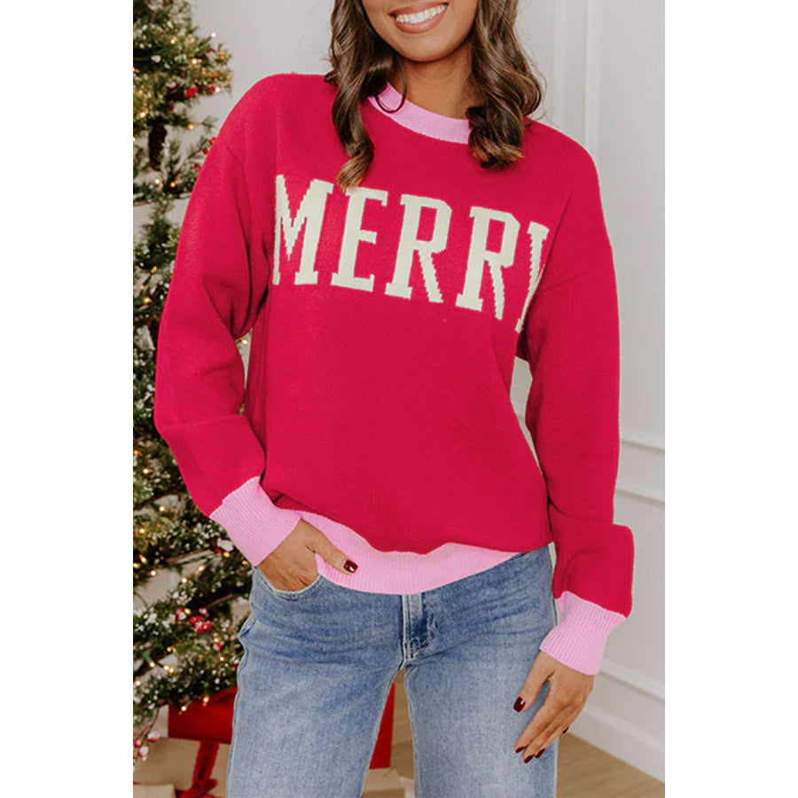 Red Drop Shoulder Round Neck Letter Print Colorblock Sweater Red / S / 52% Viscose + 26% Polyester + 22% Polyamide Sweaters &