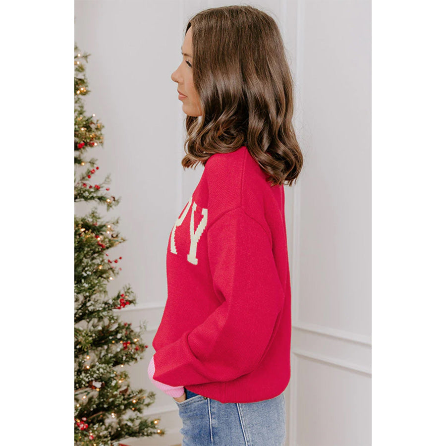 Red Drop Shoulder Round Neck Letter Print Colorblock Sweater Sweaters & Cardigans/Sweaters