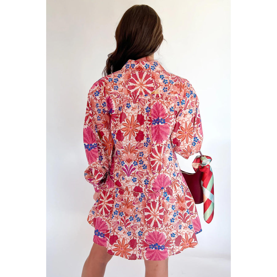 Red Fall Flower Print Long Sleeve Mini Dress Dresses/Mini Dresses