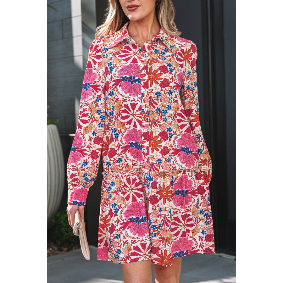 Red Fall Flower Print Long Sleeve Mini Dress Dresses/Mini Dresses
