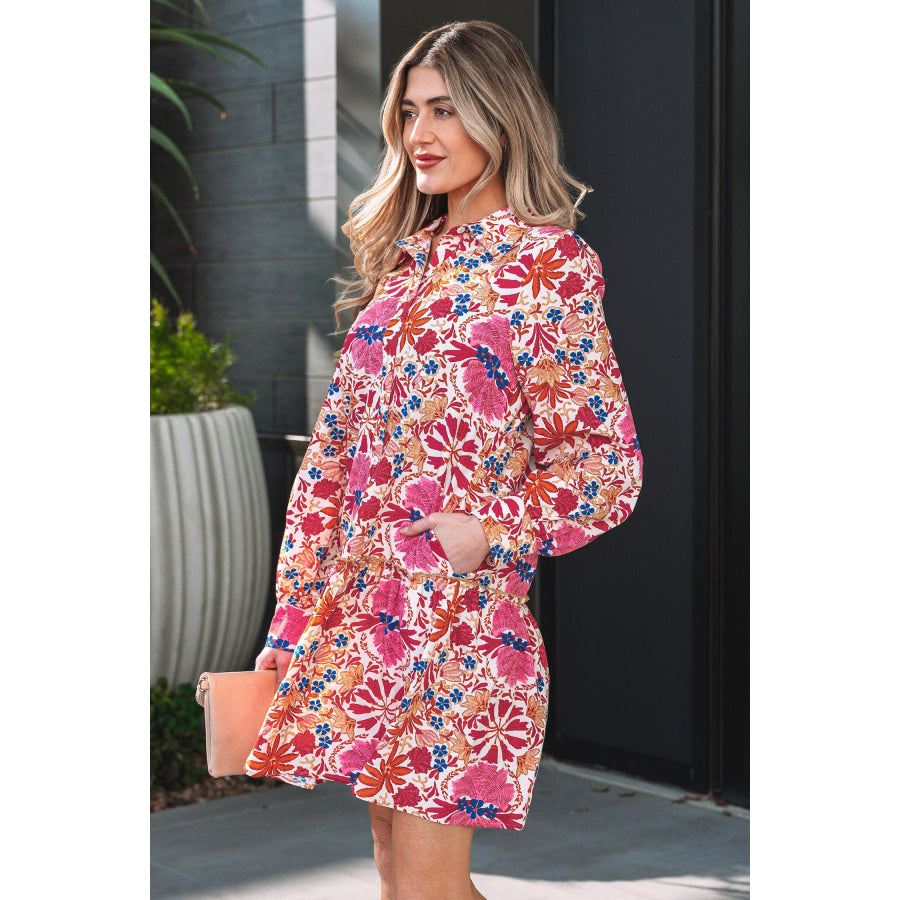 Red Fall Flower Print Long Sleeve Mini Dress Dresses/Mini Dresses