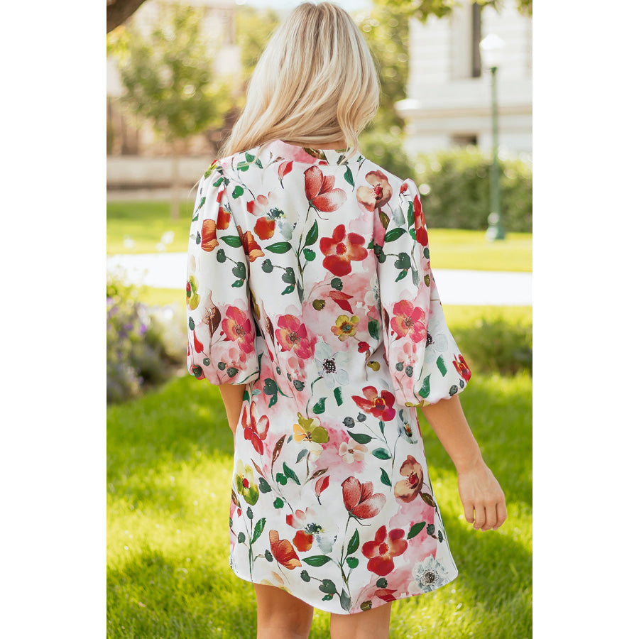Red Floral Contrast Striped V Neck Puff Half Sleeve Shift Dress Dresses/Floral Dresses