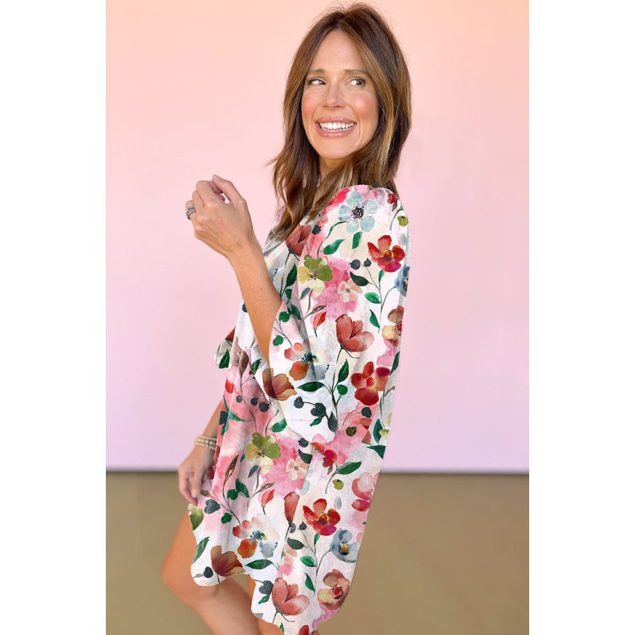 Red Floral Contrast Striped V Neck Puff Half Sleeve Shift Dress Dresses/Floral Dresses