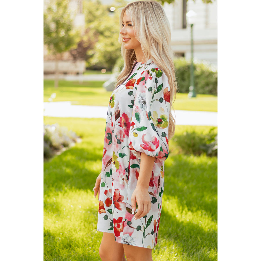 Red Floral Contrast Striped V Neck Puff Half Sleeve Shift Dress Dresses/Floral Dresses