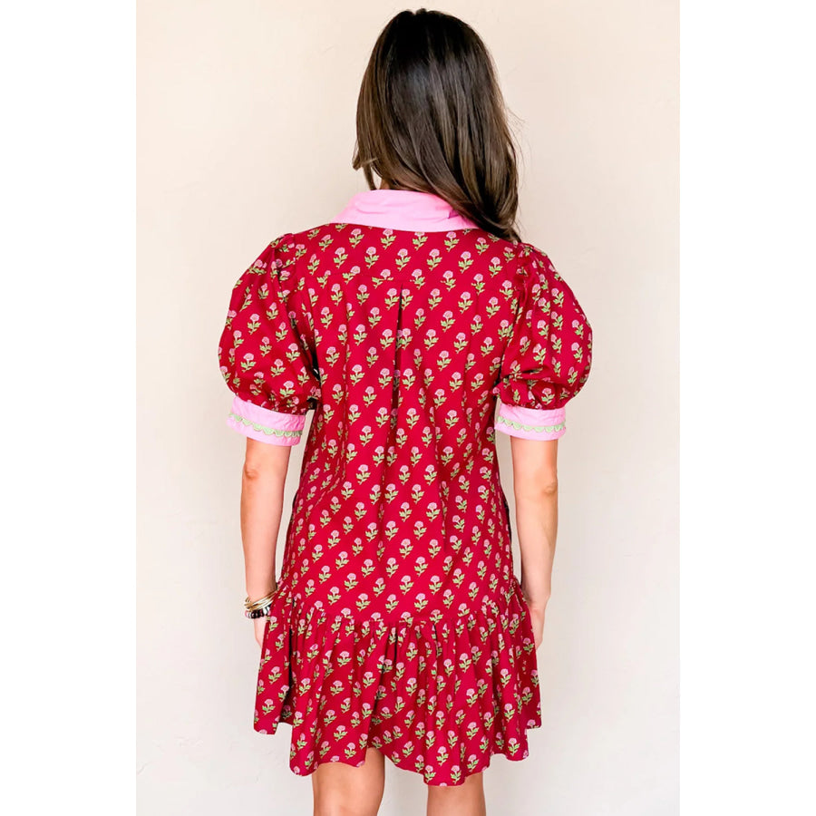 Red Floral Print Contrasted V Neck Short Bubble Sleeve Mini Dress Dresses/Floral Dresses