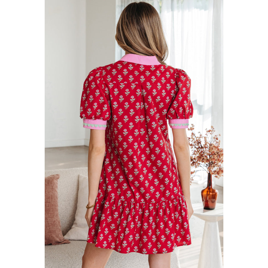 Red Floral Print Contrasted V Neck Short Bubble Sleeve Mini Dress Dresses/Floral Dresses