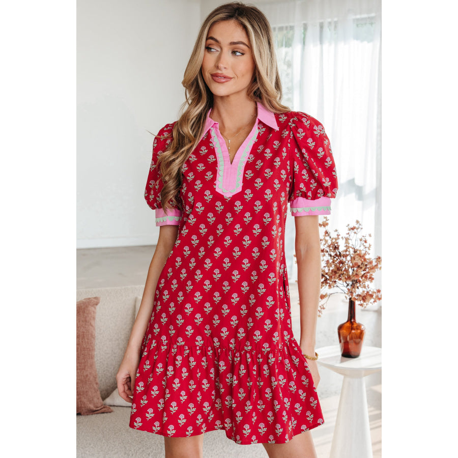 Red Floral Print Contrasted V Neck Short Bubble Sleeve Mini Dress Dresses/Floral Dresses