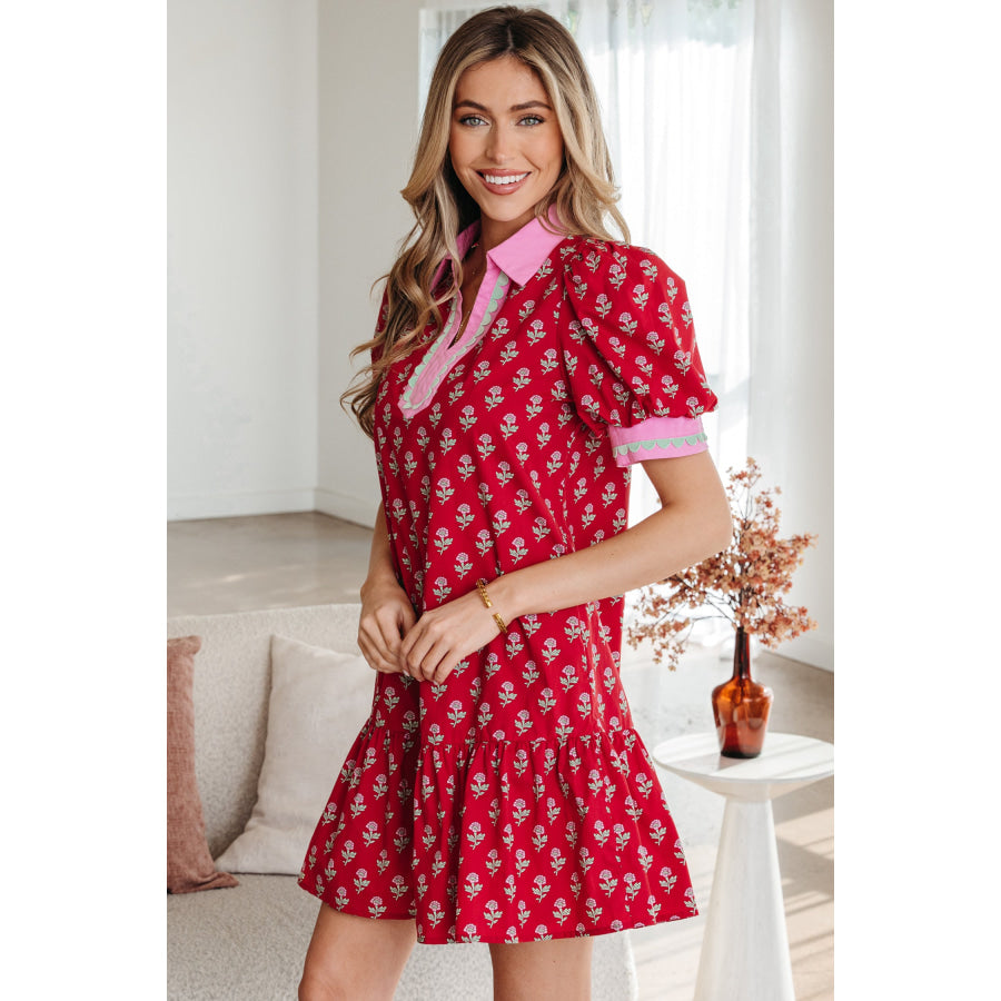 Red Floral Print Contrasted V Neck Short Bubble Sleeve Mini Dress Dresses/Floral Dresses