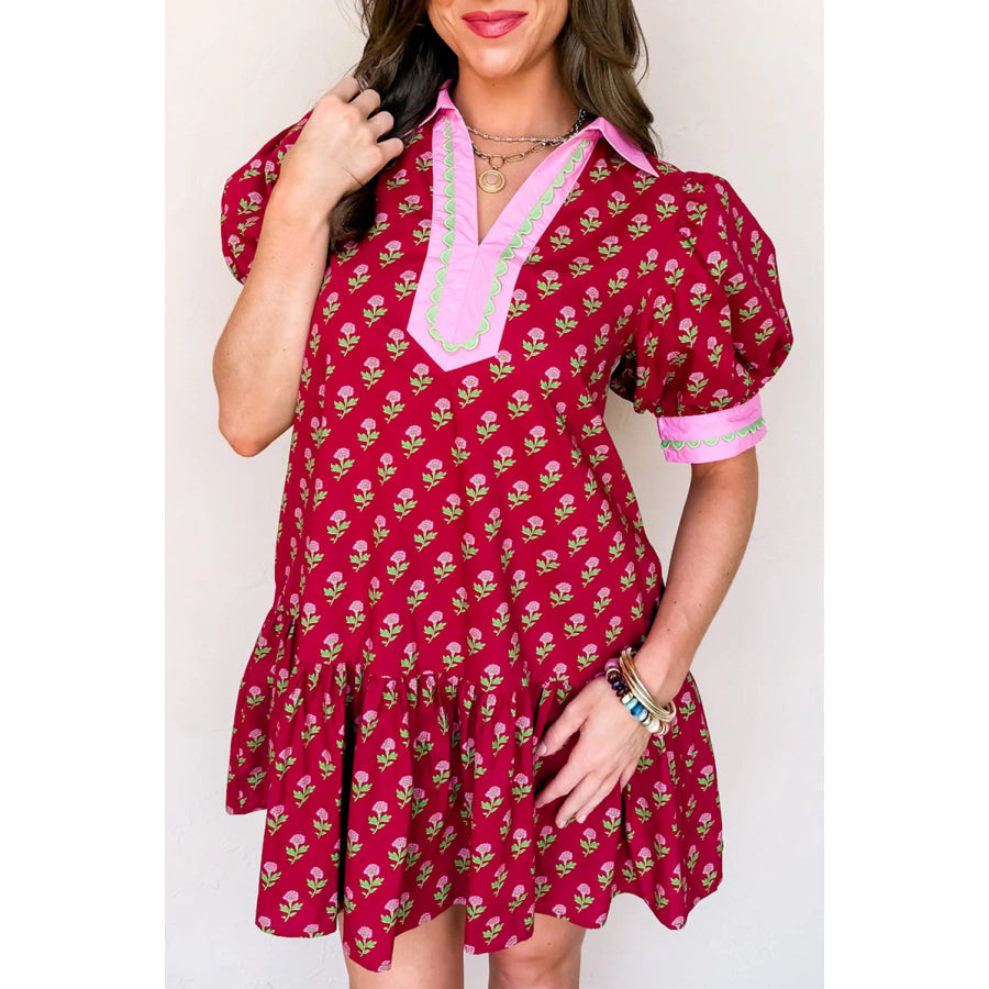 Red Floral Print Contrasted V Neck Short Bubble Sleeve Mini Dress Dresses/Floral Dresses