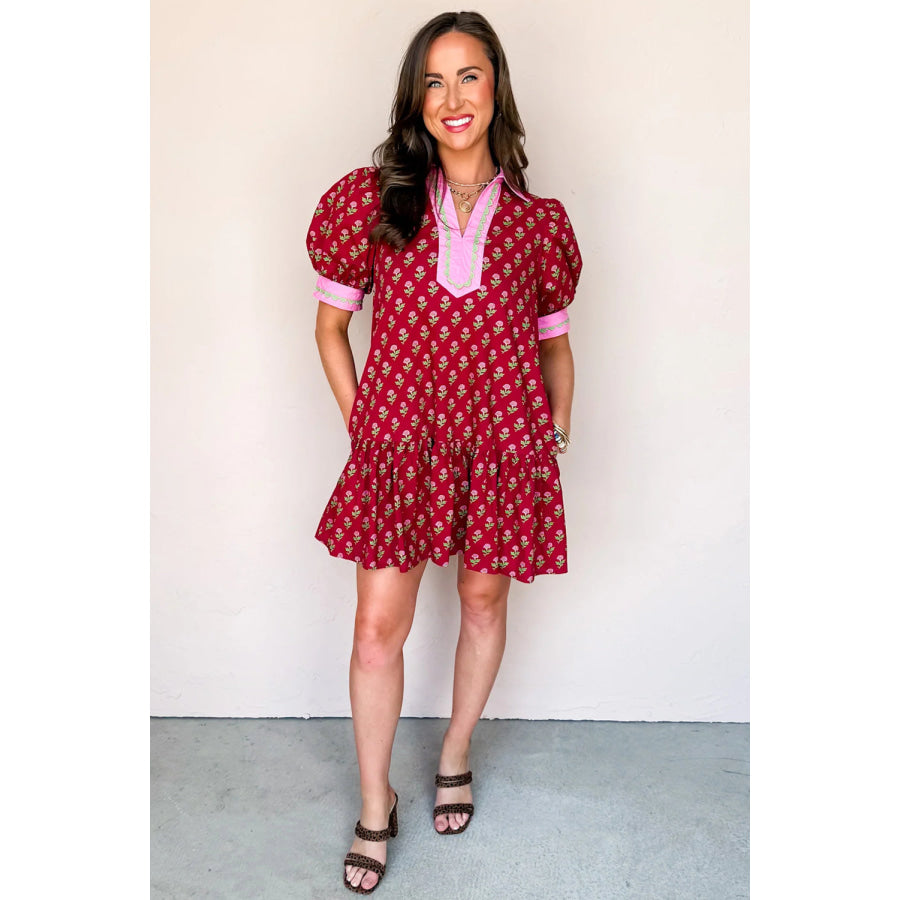 Red Floral Print Contrasted V Neck Short Bubble Sleeve Mini Dress Dresses/Floral Dresses