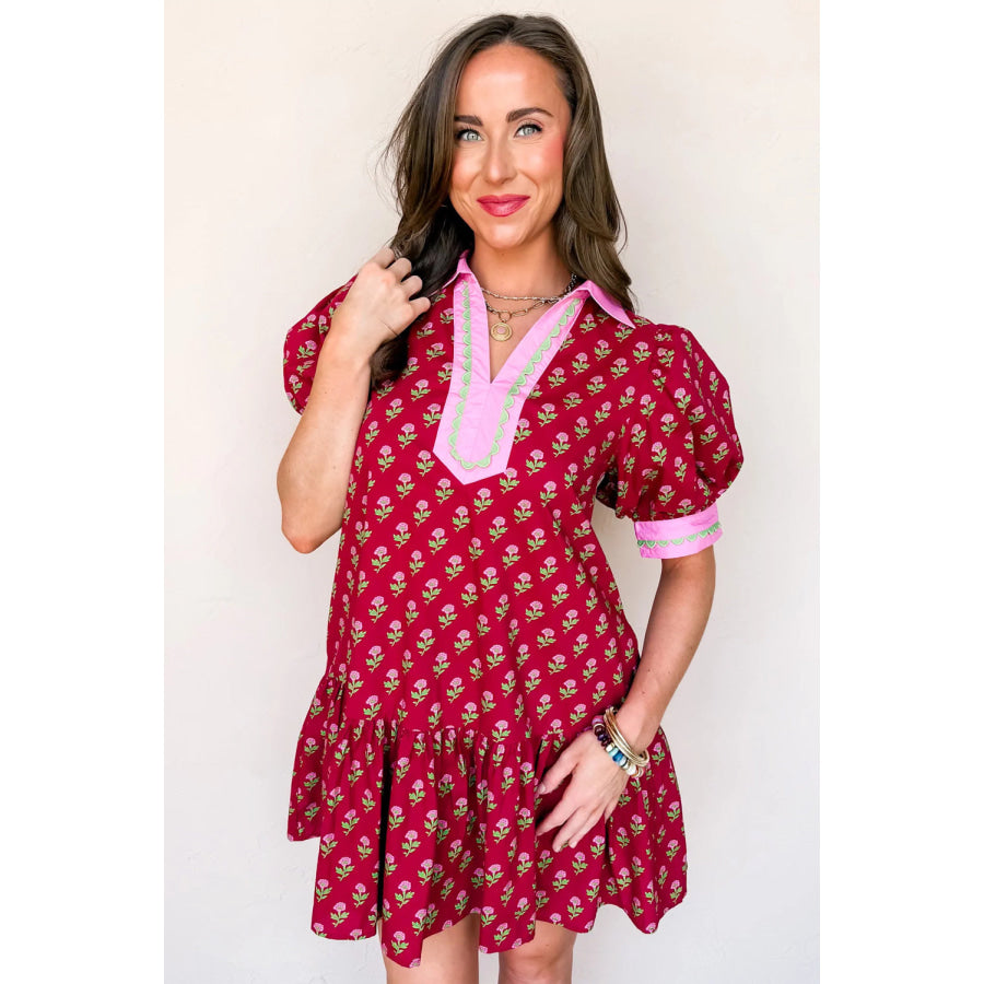 Red Floral Print Contrasted V Neck Short Bubble Sleeve Mini Dress Dresses/Floral Dresses
