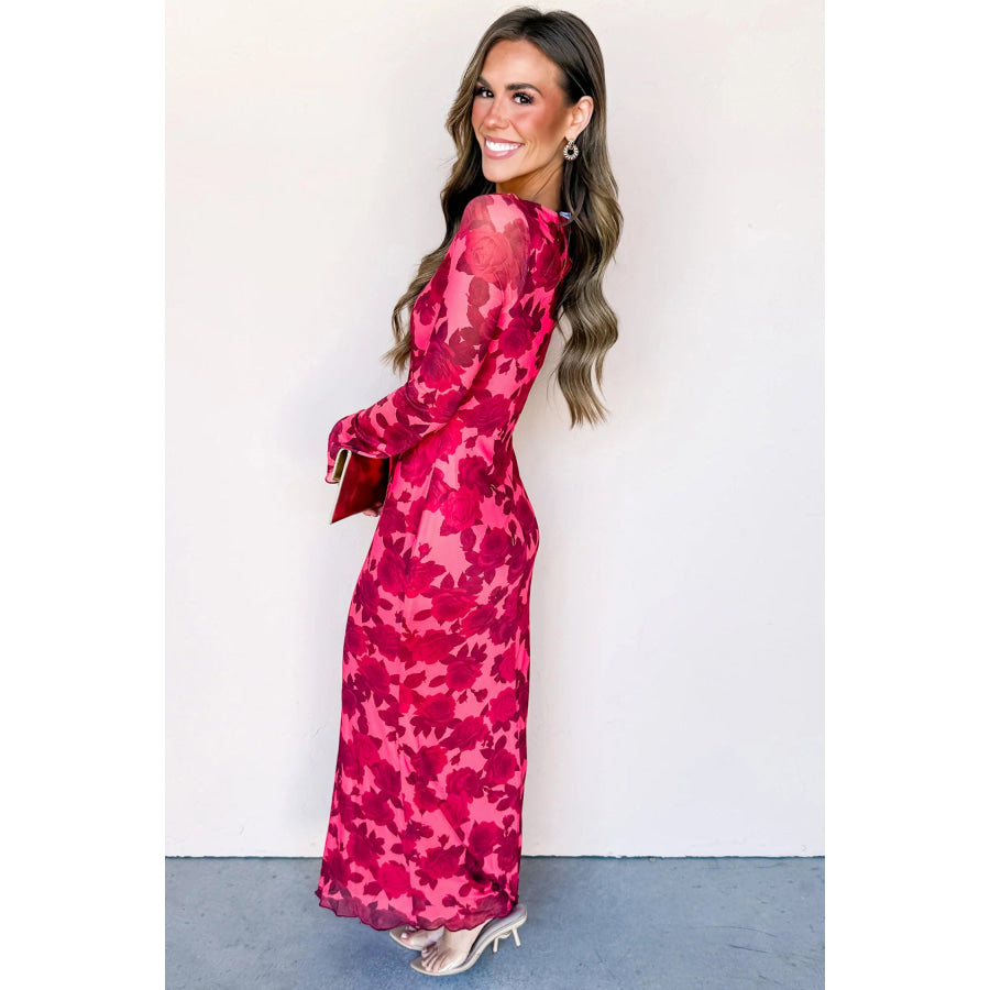 Red Floral Print Cuff Hem Serging Long Sleeve Sheath Dress Dresses/Maxi Dresses