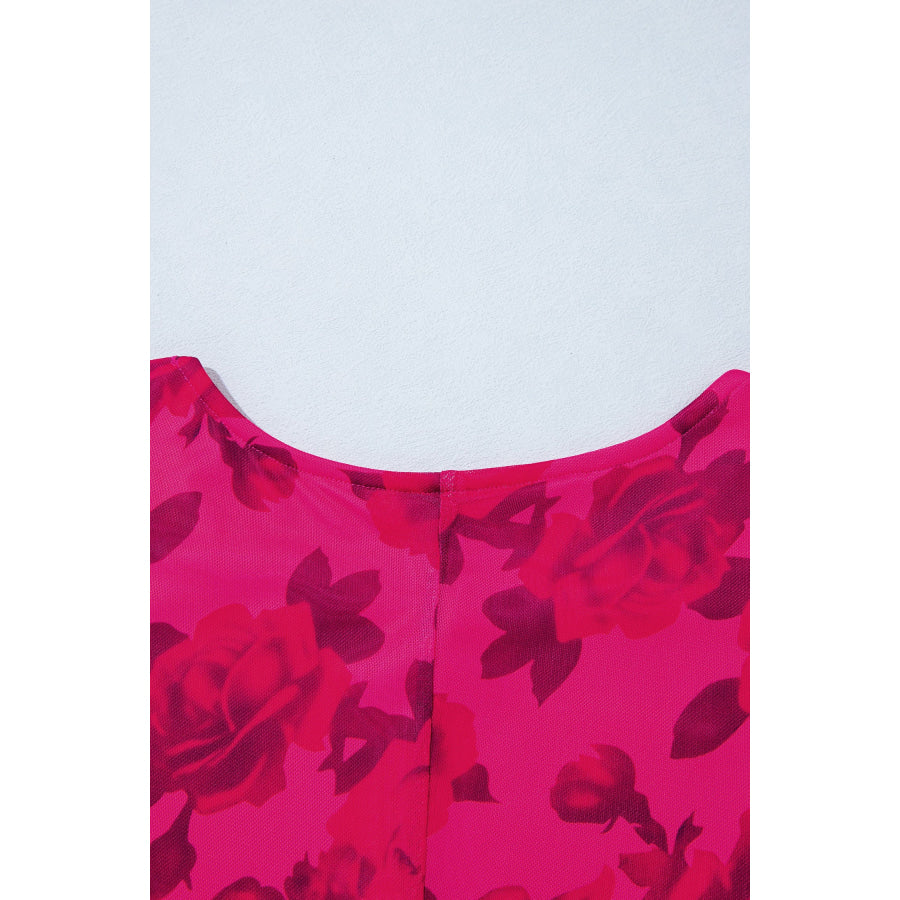Red Floral Print Cuff Hem Serging Long Sleeve Sheath Dress Dresses/Maxi Dresses