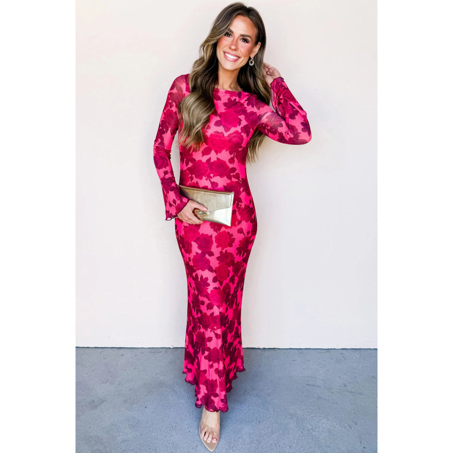Red Floral Print Cuff Hem Serging Long Sleeve Sheath Dress Dresses/Maxi Dresses