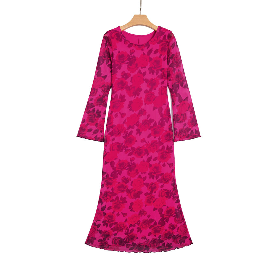 Red Floral Print Cuff Hem Serging Long Sleeve Sheath Dress Dresses/Maxi Dresses