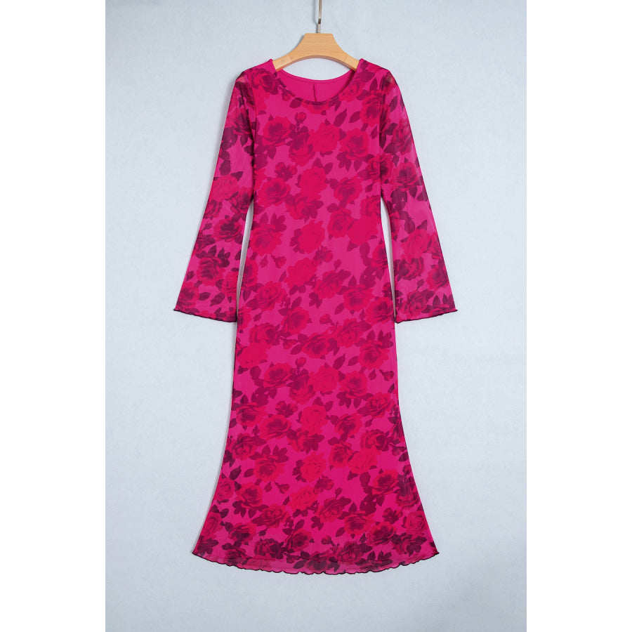 Red Floral Print Cuff Hem Serging Long Sleeve Sheath Dress Dresses/Maxi Dresses