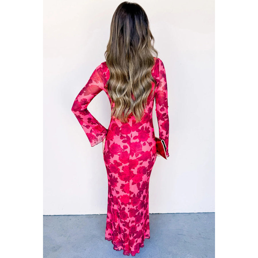 Red Floral Print Cuff Hem Serging Long Sleeve Sheath Dress Dresses/Maxi Dresses