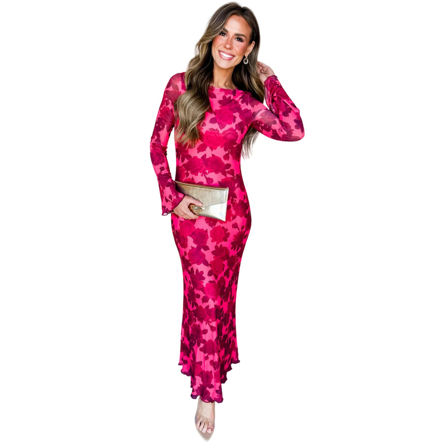 Red Floral Print Cuff Hem Serging Long Sleeve Sheath Dress Dresses/Maxi Dresses