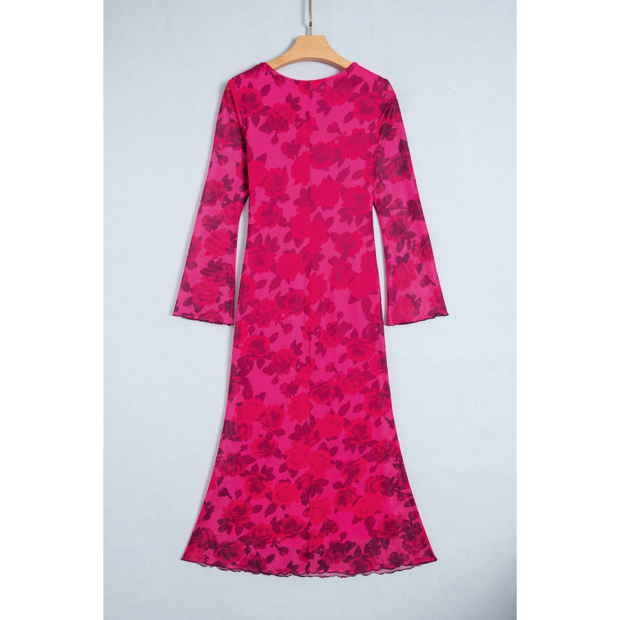 Red Floral Print Cuff Hem Serging Long Sleeve Sheath Dress Dresses/Maxi Dresses