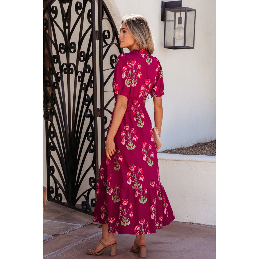 Red Floral Print Frilled V Neck Short Sleeve Ruffle Maxi Dress Dresses/Maxi Dresses