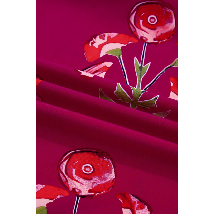 Red Floral Print Frilled V Neck Short Sleeve Ruffle Maxi Dress Dresses/Maxi Dresses