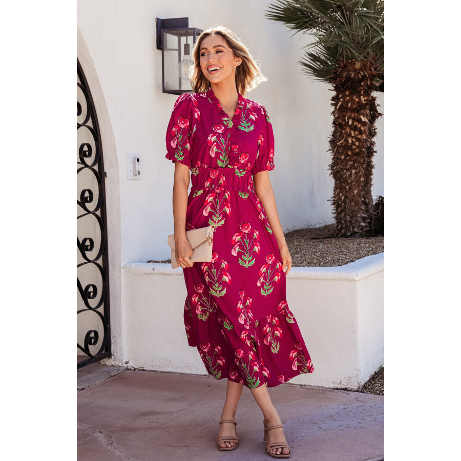 Red Floral Print Frilled V Neck Short Sleeve Ruffle Maxi Dress Dresses/Maxi Dresses