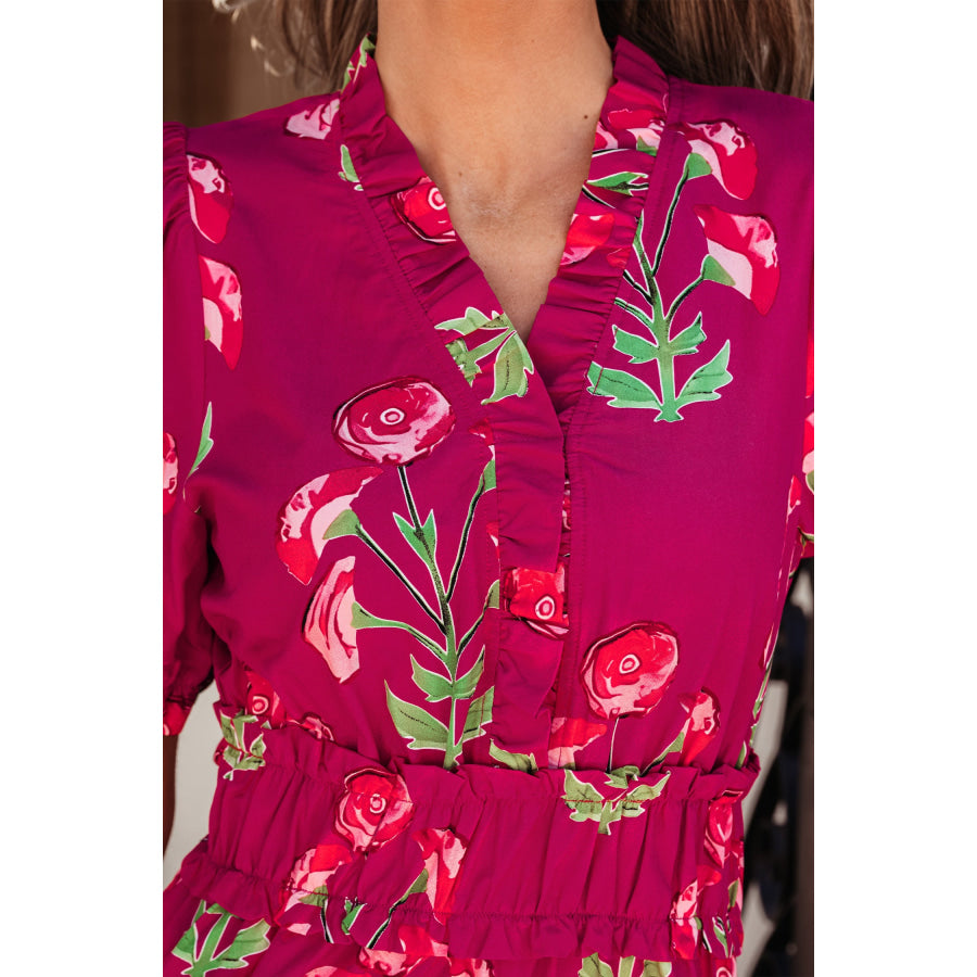 Red Floral Print Frilled V Neck Short Sleeve Ruffle Maxi Dress Dresses/Maxi Dresses