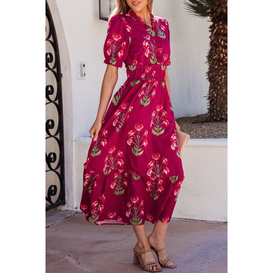 Red Floral Print Frilled V Neck Short Sleeve Ruffle Maxi Dress Dresses/Maxi Dresses