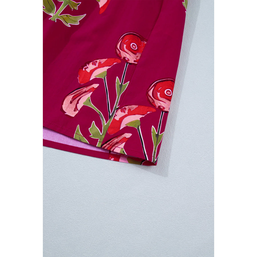 Red Floral Print Frilled V Neck Short Sleeve Ruffle Maxi Dress Dresses/Maxi Dresses