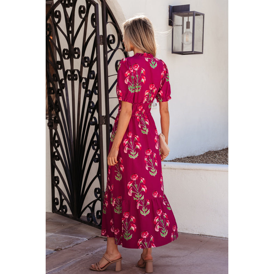 Red Floral Print Frilled V Neck Short Sleeve Ruffle Maxi Dress Dresses/Maxi Dresses