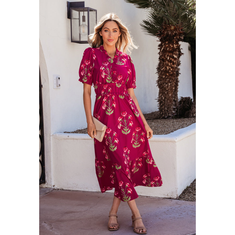 Red Floral Print Frilled V Neck Short Sleeve Ruffle Maxi Dress Dresses/Maxi Dresses