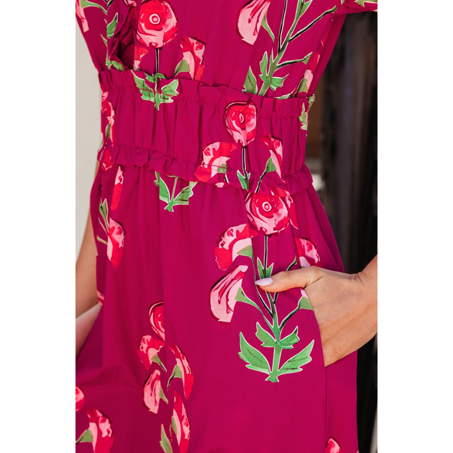 Red Floral Print Frilled V Neck Short Sleeve Ruffle Maxi Dress Dresses/Maxi Dresses