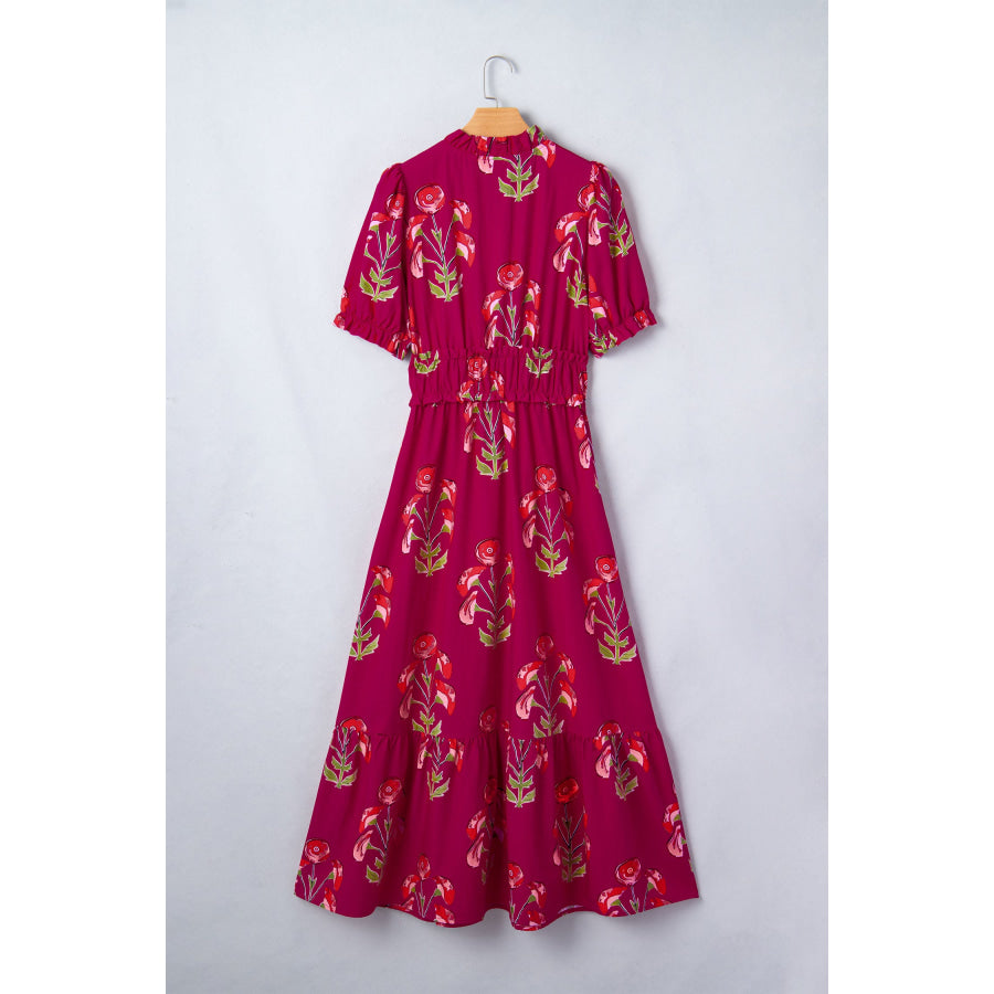Red Floral Print Frilled V Neck Short Sleeve Ruffle Maxi Dress Dresses/Maxi Dresses