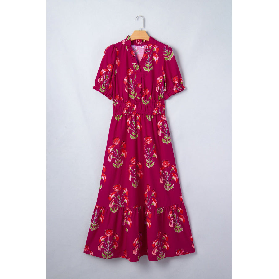 Red Floral Print Frilled V Neck Short Sleeve Ruffle Maxi Dress Red / S / 55% Cotton + 45% Viscose Dresses/Maxi Dresses