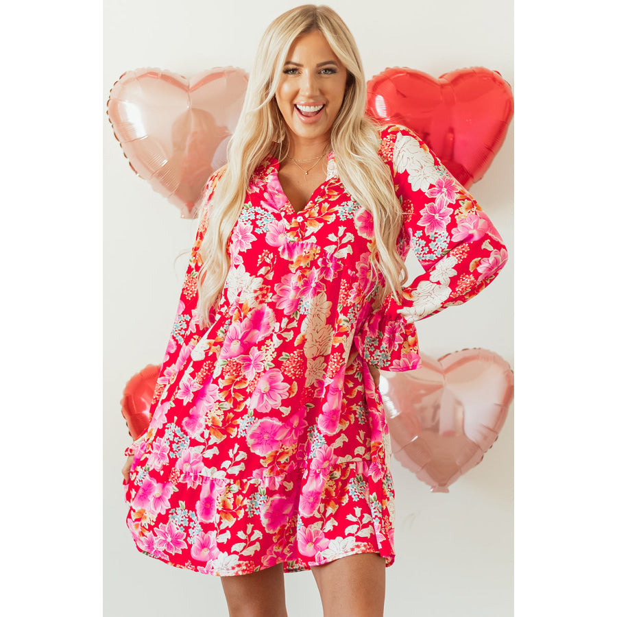 Red Floral Print High Waist V Neck Babydoll Mini Dress Red / S / 100% Polyester Dresses/Mini Dresses