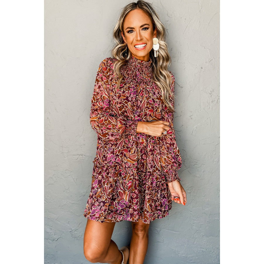 Red Floral Print Long Sleeve Shirred High Neck Loose Mini Dress Dresses/Mini Dresses