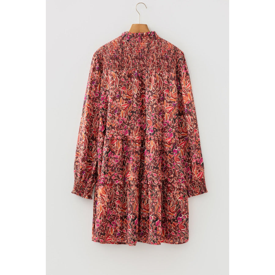 Red Floral Print Long Sleeve Shirred High Neck Loose Mini Dress Dresses/Mini Dresses