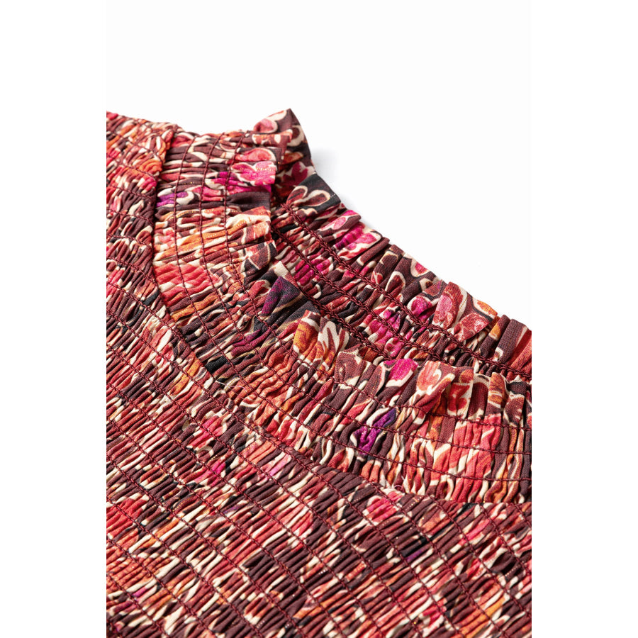 Red Floral Print Long Sleeve Shirred High Neck Loose Mini Dress Dresses/Mini Dresses