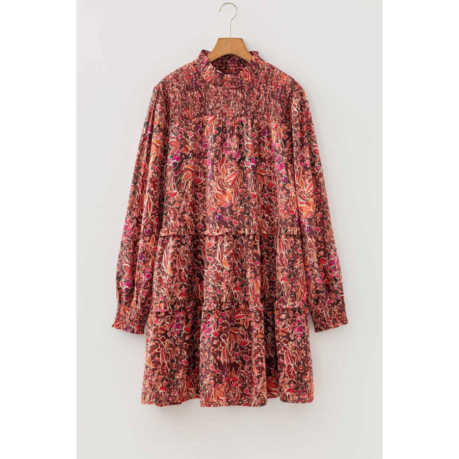 Red Floral Print Long Sleeve Shirred High Neck Loose Mini Dress Dresses/Mini Dresses
