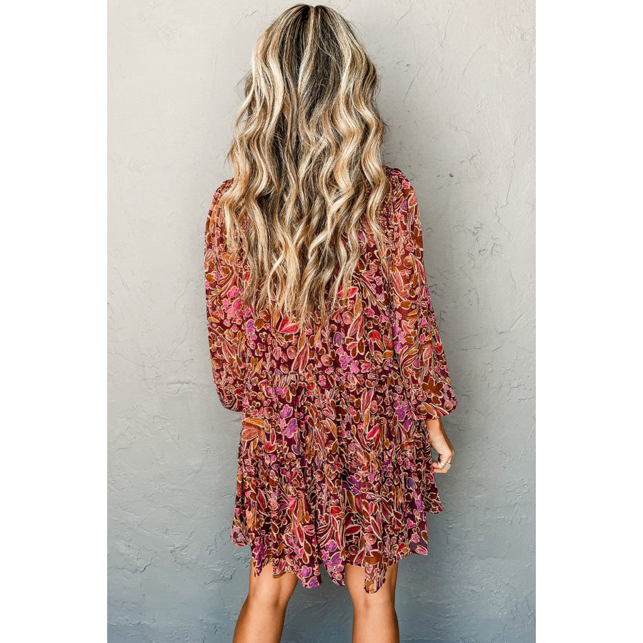 Red Floral Print Long Sleeve Shirred High Neck Loose Mini Dress Dresses/Mini Dresses